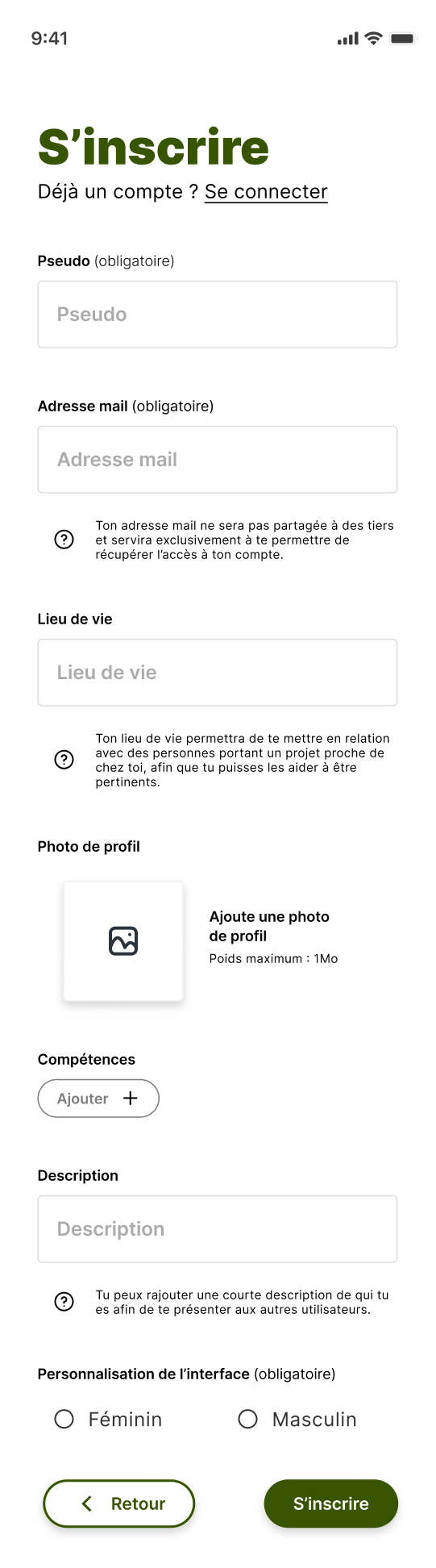 Prototype de la page d'inscription