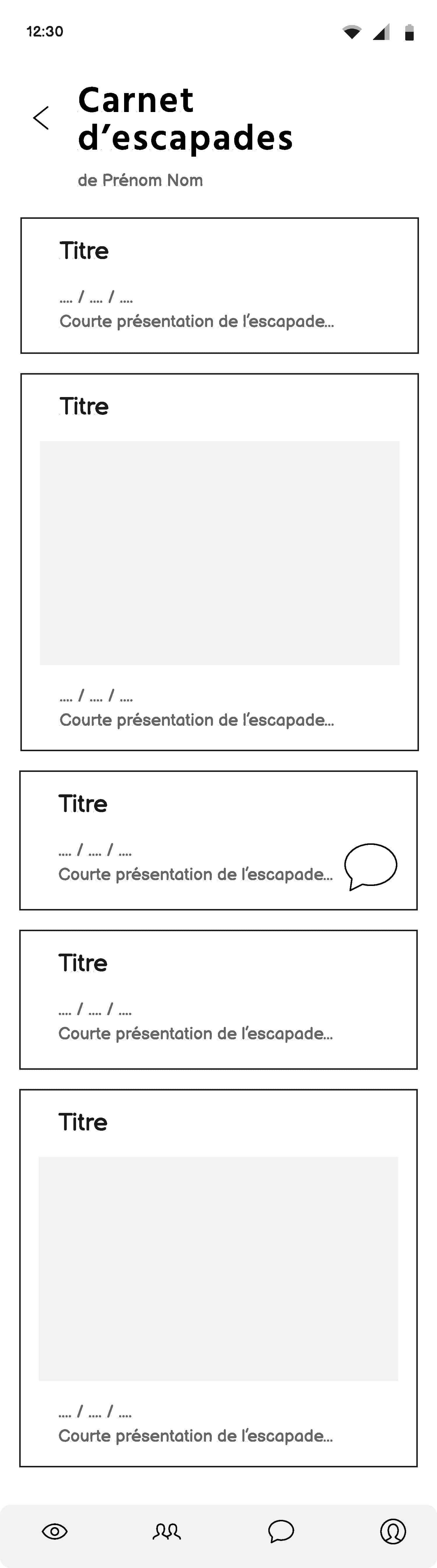 Wireframe page carnet d'escapades d'un compagnon