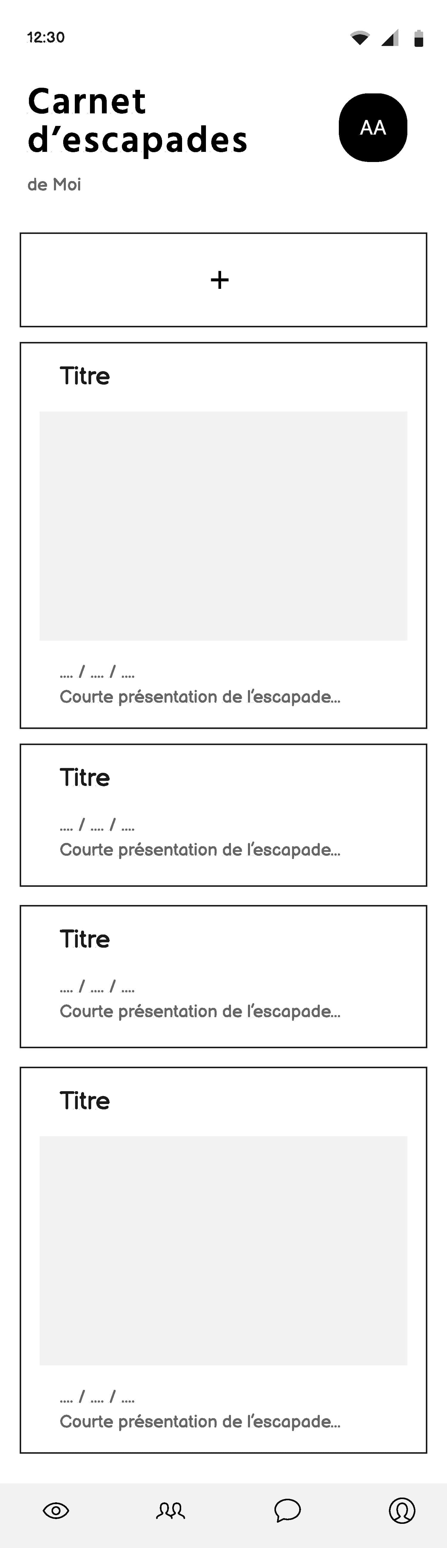 Wireframe page d'accueil - carnet d'escapades