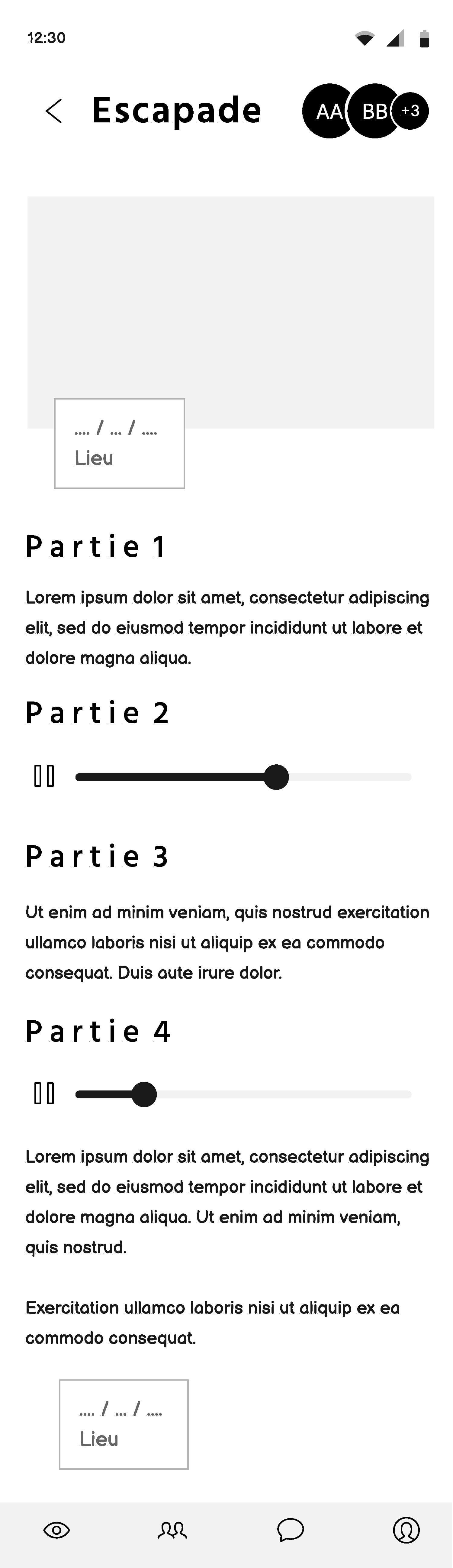 Wireframe page souvenir d'une escapade