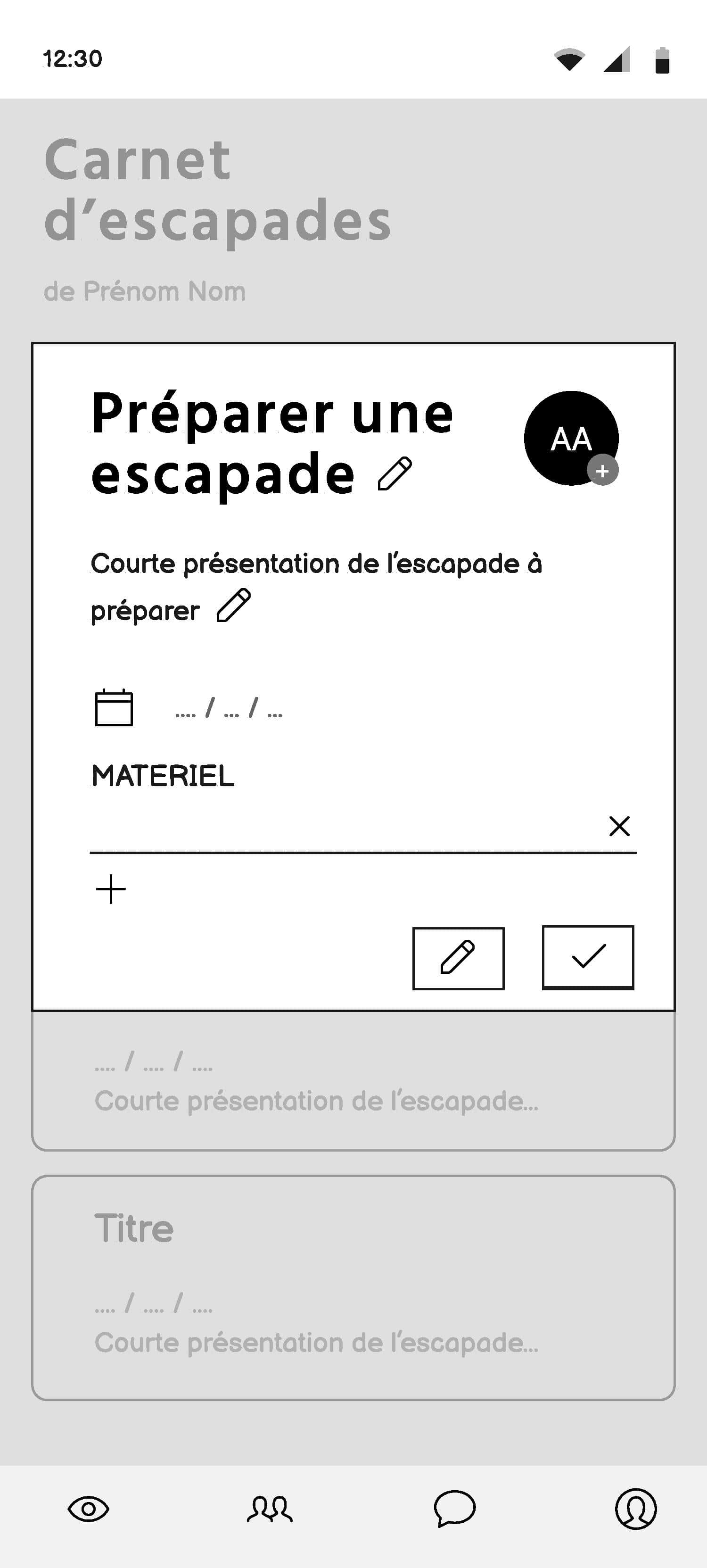 Wireframe page préparer une escapade