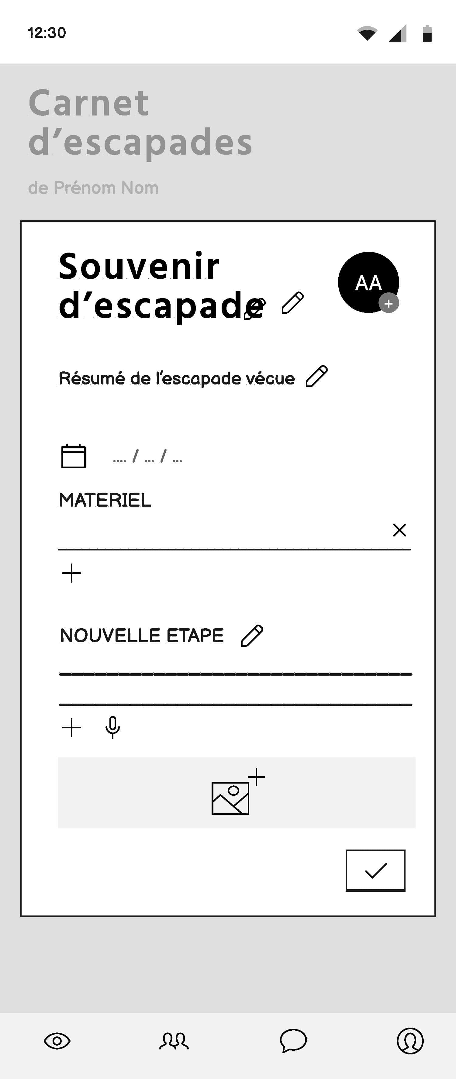 Wireframe page écrire le souvenir d'une escapade